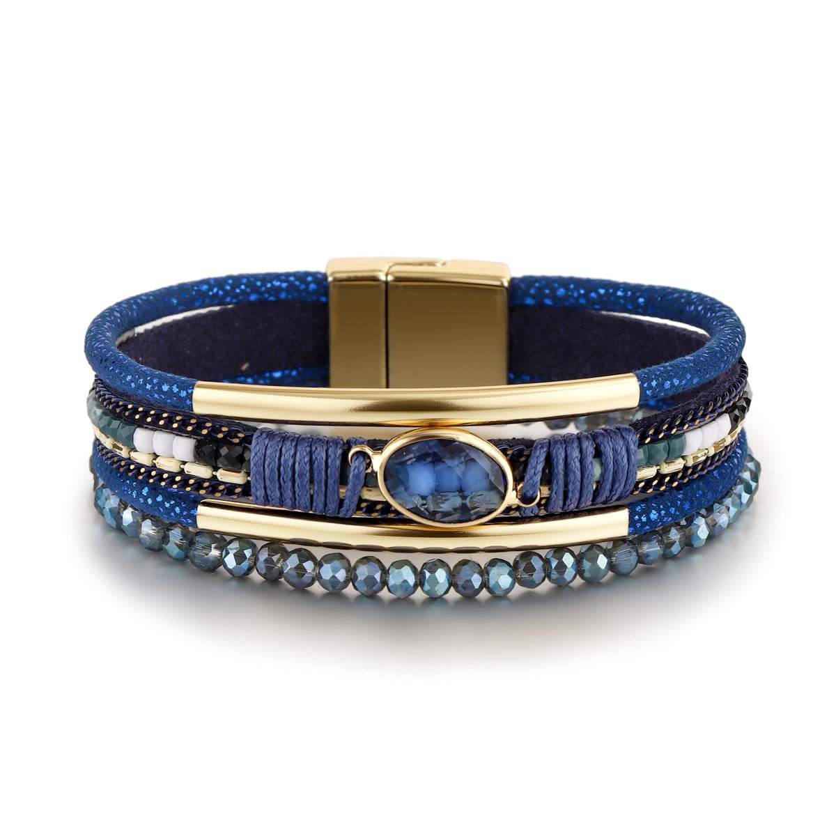 Edoneery Leather Wrap Bracelet for Women, Boho Handmade Multi-Layer Cuff with Crystal Beads Heart, Stackable Bangle Western Jewelry Gift(Crystal(Blue))