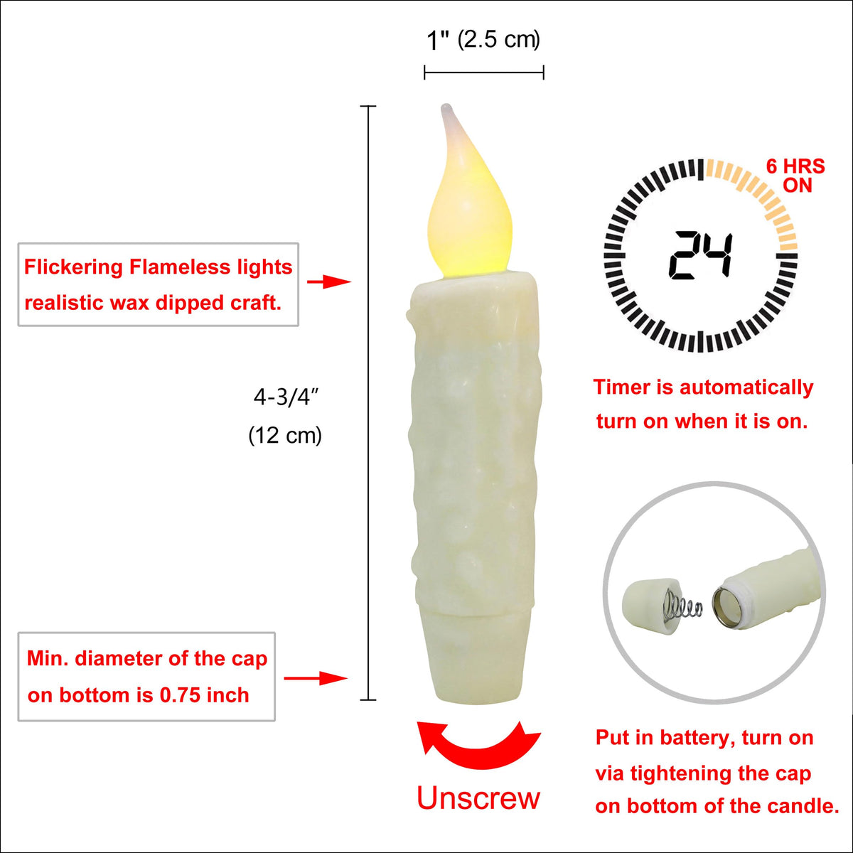 CVHOMEDECO. Real Wax Hand Dipped Battery Operated LED Timer Taper Candles Country Primitive Flameless Lights Décor, 4-3/4 Inch, Ivory, 3 PCS in a Package