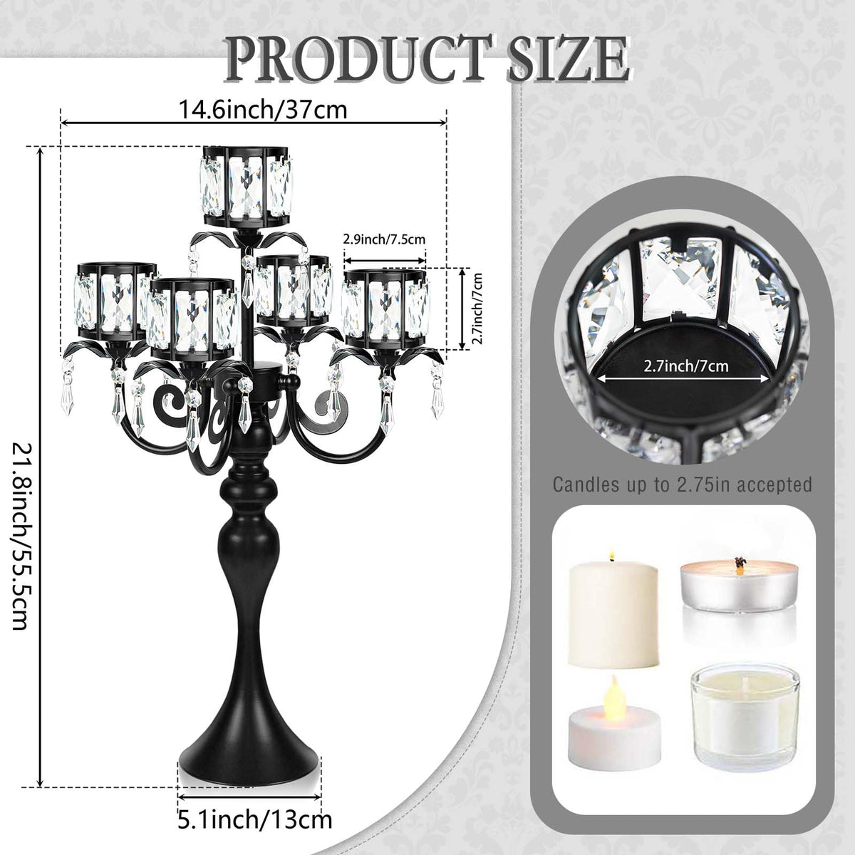 kolnlala 1PC Black 5-Arm Crystal Pendant Metal Candle Holder with Square Crystal Bowl, 22-Inch Tall Wedding Table Centerpiece for Holiday Party Events, Christmas, Birthday Decorations