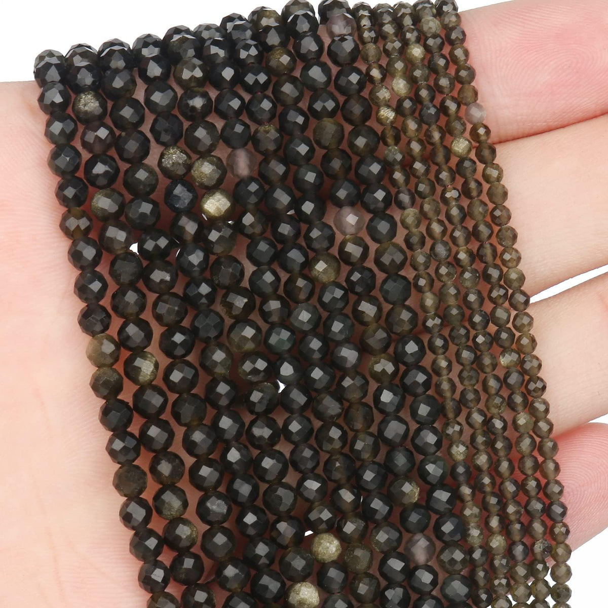 Song Xi 180pcs 2mm Natural Gold Obsidian Gemstone Beads Faceted Round Loose Stone Beads for Jewelry Making (1 Strand)