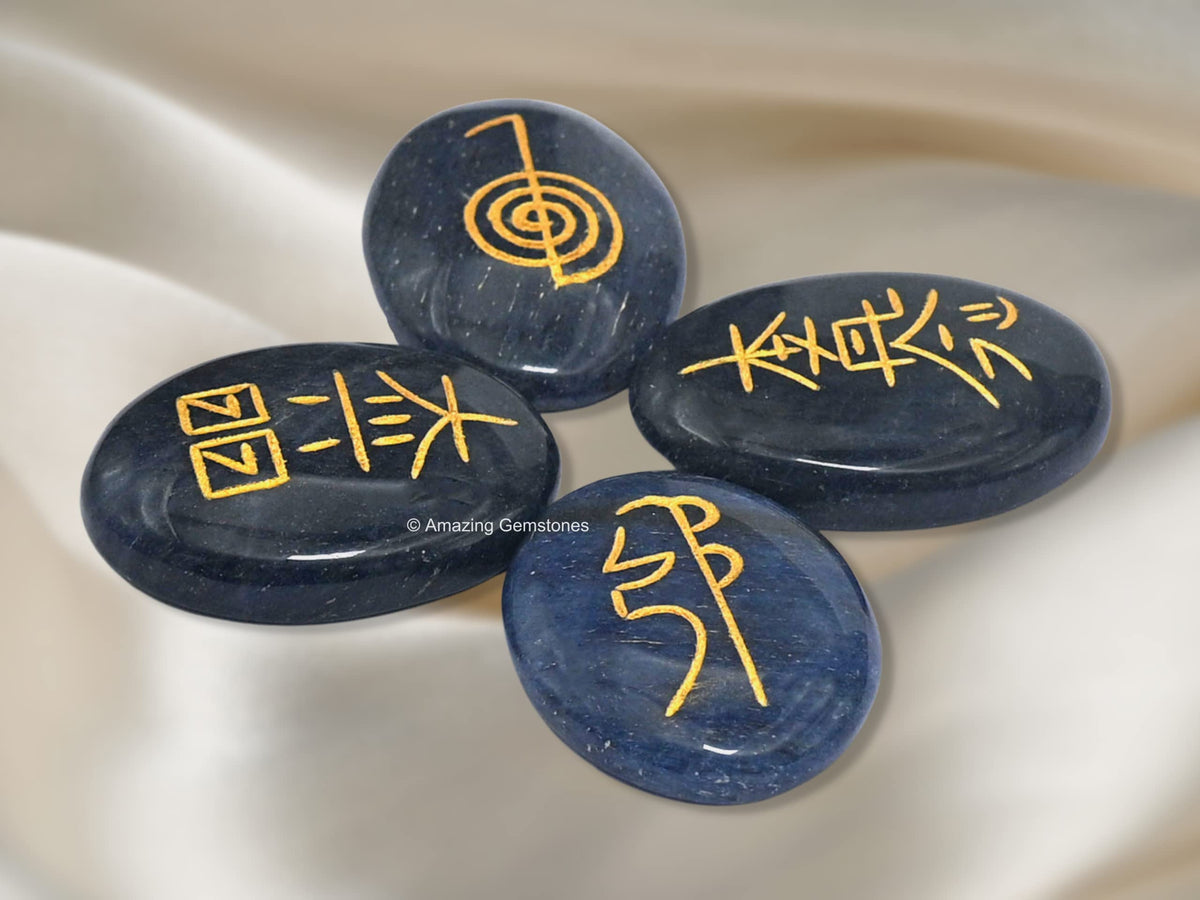 Amazing Gemstone Blue Aventurine Crystal Reiki Stones with Engraved Symbols for Usui Reiki Healing, Set of 4 Pcs (Indian Handmade Reiki Gift Set)