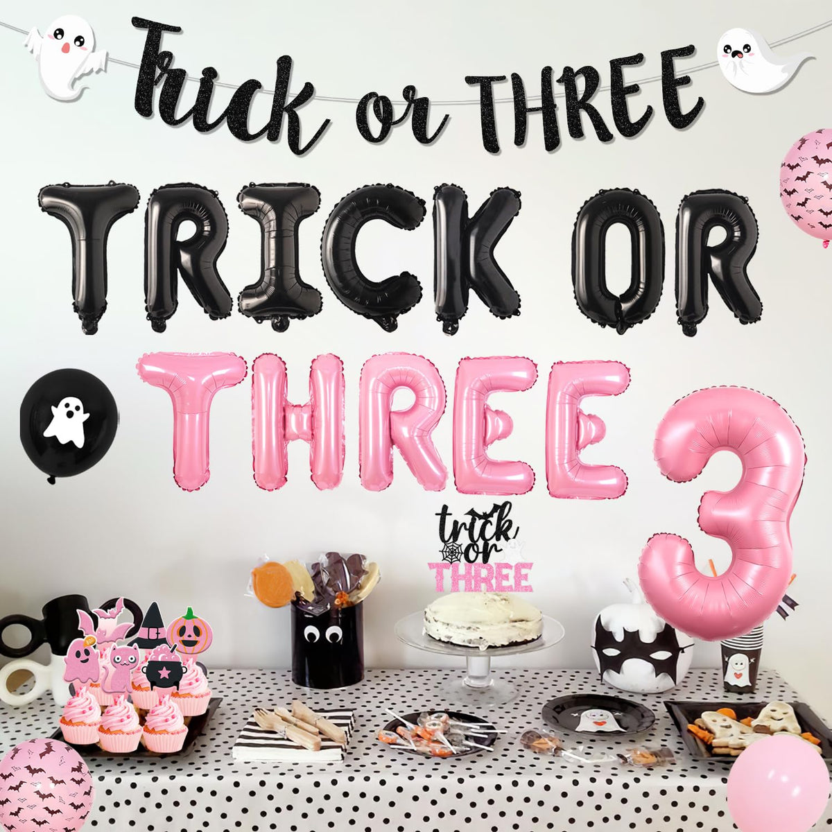 Pink Trick or Three Theme Halloween 3rd Birthday Party Decorations Trick or Three Foil Balloon Banner Garland Halloween Theme Cake Cupcake Toppers for Halloween Three Birthday Party Decor Supplies