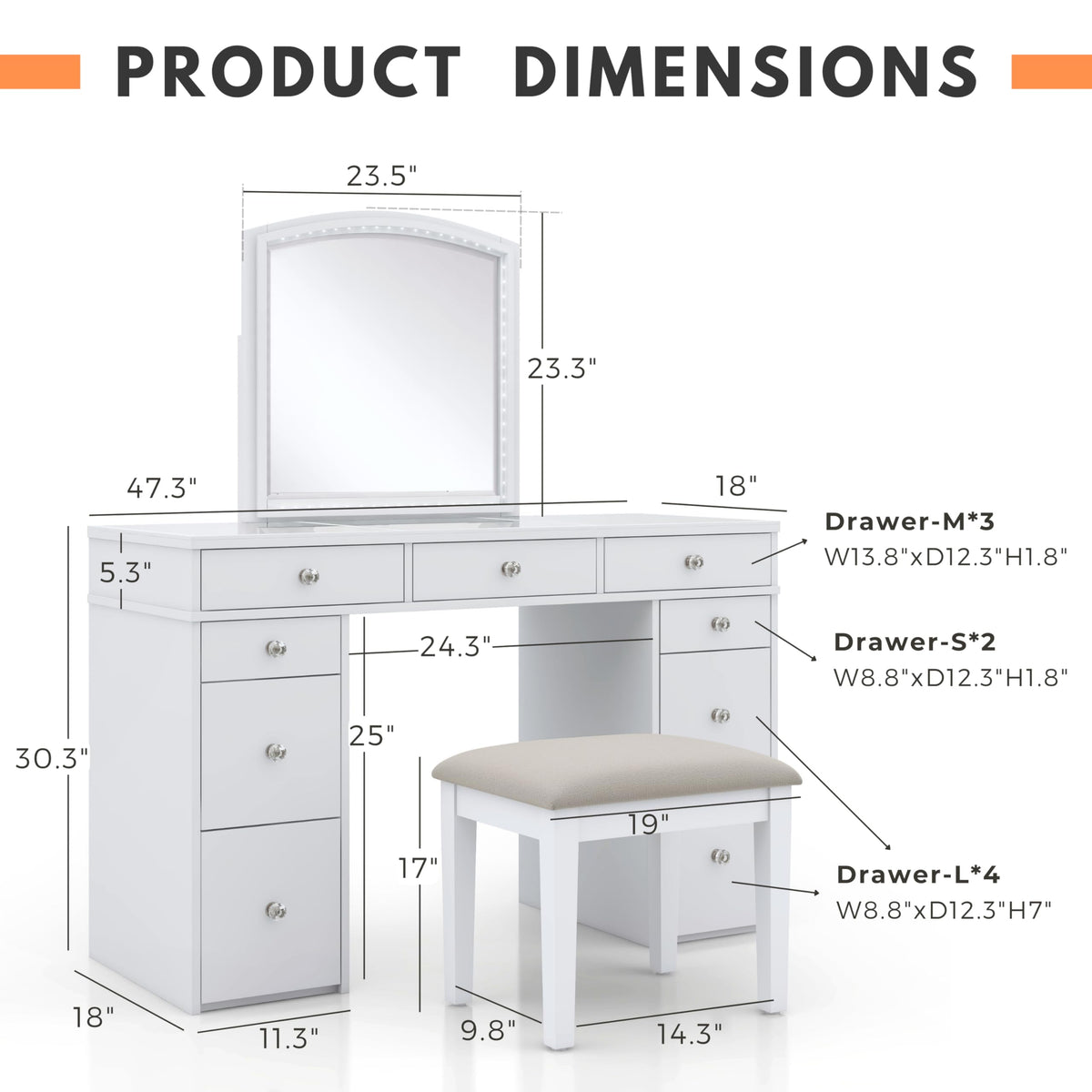 24/7 Shop at Home Juno Modern White Vanity Desk with Mirror and LED Lights, Makeup Table with 9 Drawers, Upholstered Stool with Wood Legs, Bedroom Furniture Set, Dressing Room, Youth Room