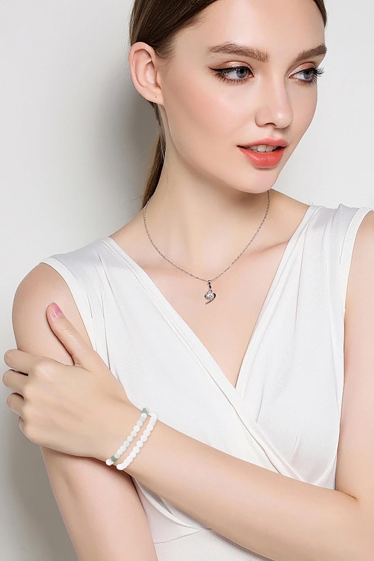 NCB 2-Piece 6mm Natural Crystal Gemstone Stretch Bracelets – ﻿Tianshan Jade, White Jade Handmade Reiki Energy Healing Jewelry for Meditation,Yoga, Unisex