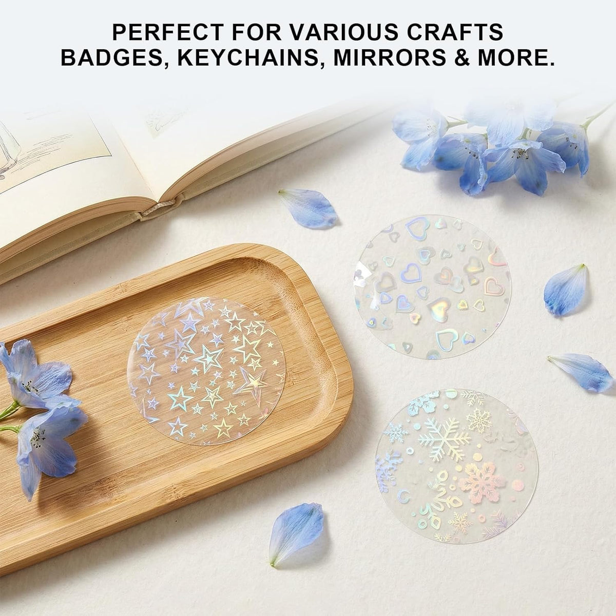 200 PCS Badge Film for Your 58mm / 2.25 in (Approx. 2-1/4 inch) Round Button Maker Machine，8 Different Holographic Button Making Supplies Film (200pcs Sand Star for 2.25inch Badge)