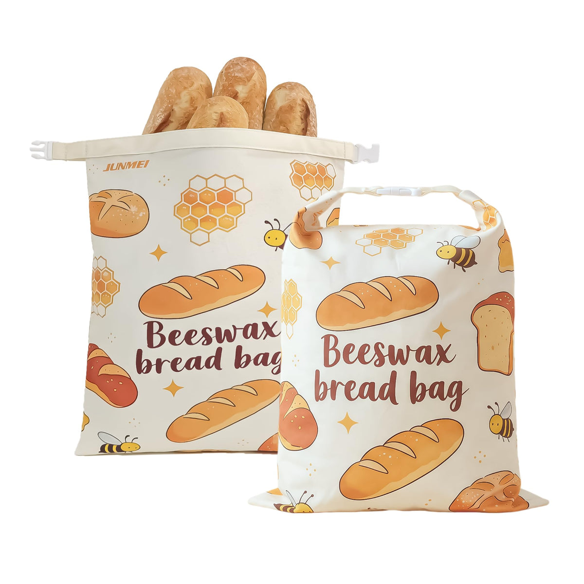JUNMEI 2 Pack Natural Beeswax Food Wraps, Reusable Organic Cotton Bread Bags with Honeycomb Texture, Plastic Free Storage for Sourdough, Freezer Safe, 12.6x17 Inches