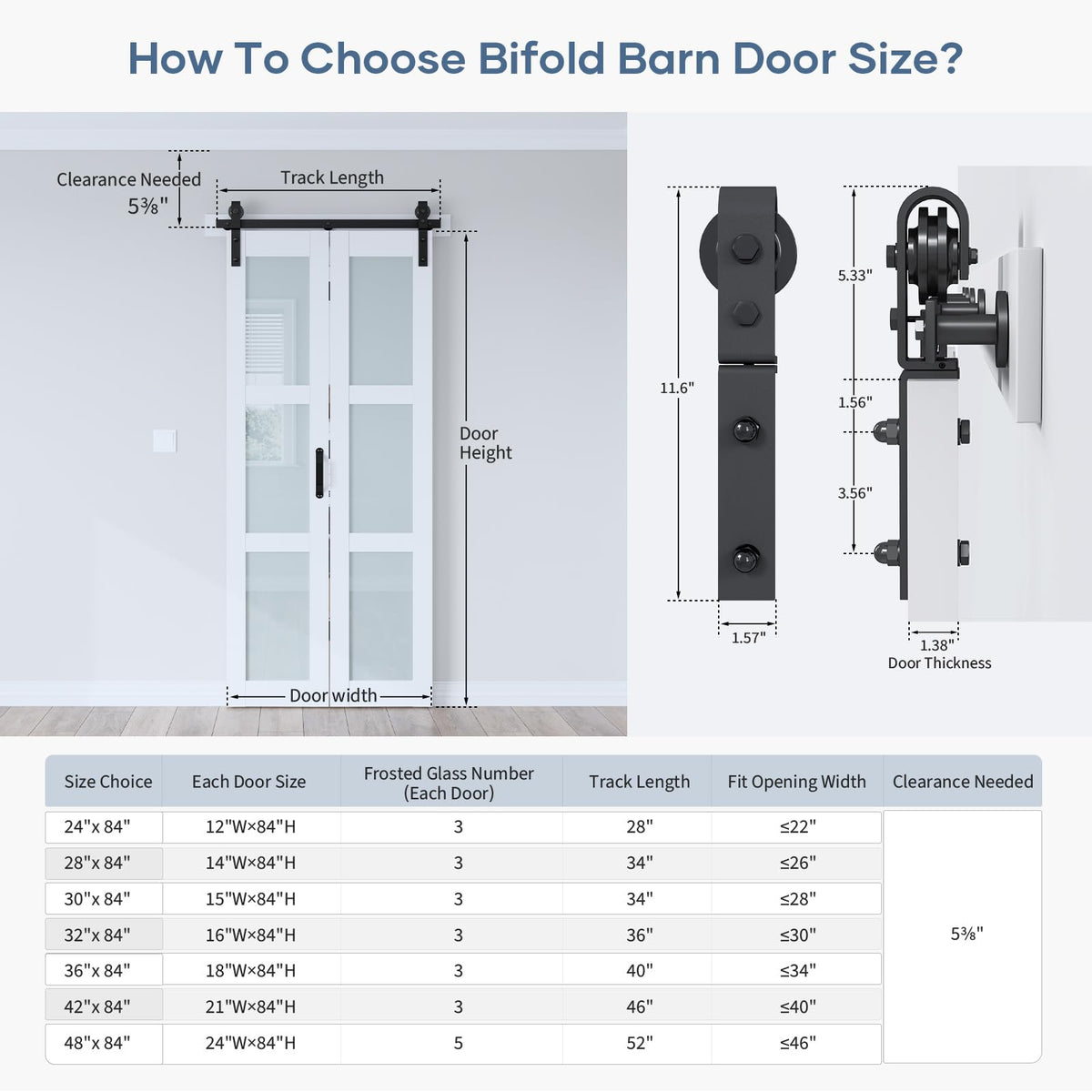 EaseLife 28"x 84" (Double 14" x 84") Bifold Barn Door, Bifold Sliding Barn Door with Hardware Kit, Solid MDF Wood Slab Covered with Water-Proof PVC Surface, Frosted Glass Panel, Assembly Required