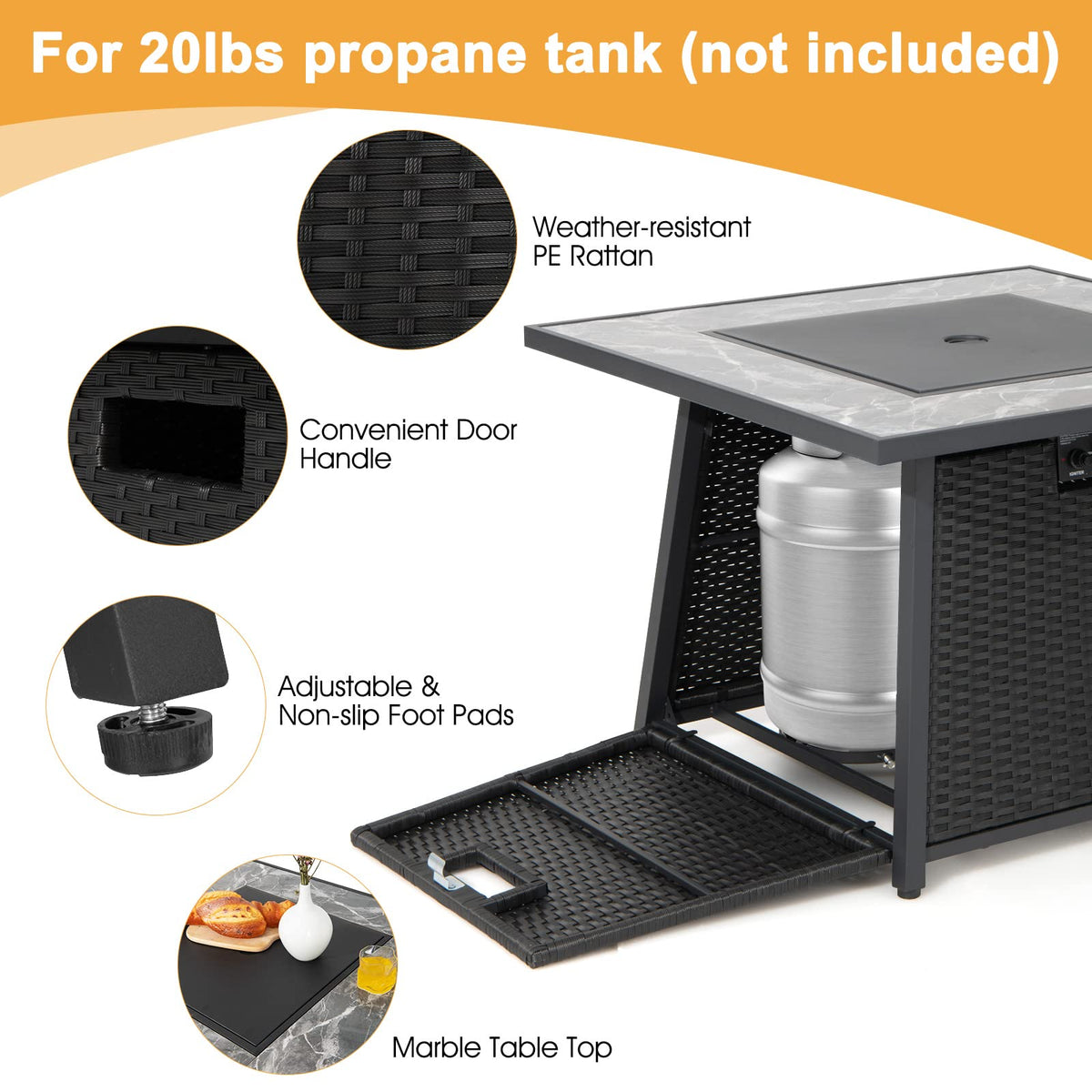 COSTWAY 35" Propane Gas Fire Pit Table, 50,000 BTU Auto-Ignition Propane Fire Pit with Lid, Lava Rocks and PVC Cover, Outdoor PE Rattan Fire Pit Table for Poolside, Garden, Balcony, ETL Certification
