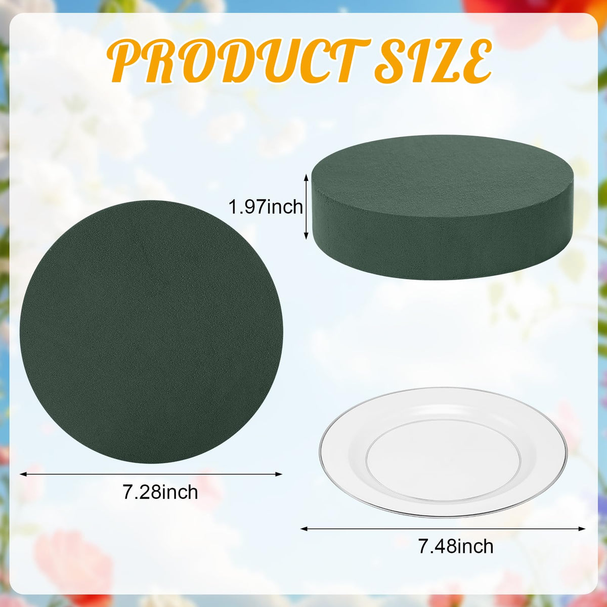 Threlaco 12 Sets Round Floral Foam and Clear Plastic Saucer Plant Drip Tray Floral Flower Dish Green Foam for Artificial Flowers Wedding Home Party Decoration (7 Inches)