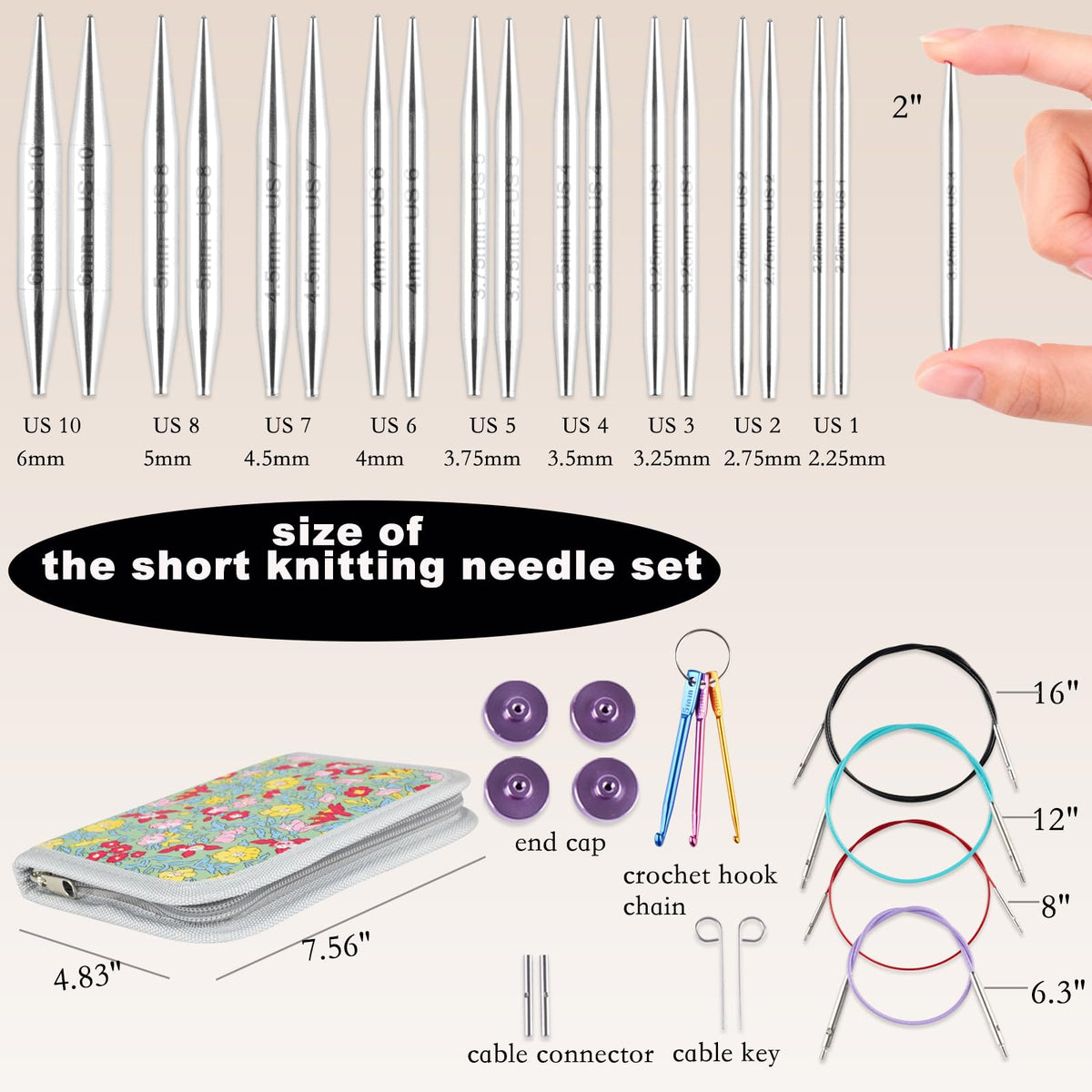 Svartur 2 inch Interchangeable Circular Knitting Needles, Stainless Steel Shorties Interchangeable Knitting Needles with 4 Assorted Cables, Storage case