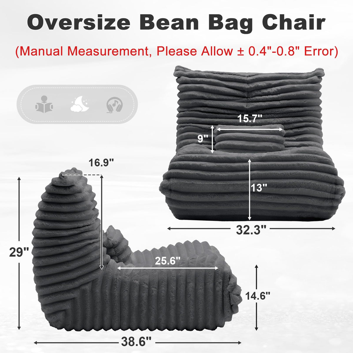 ZOOVEE Giant Bean Bag Chair with Lumbar Pillow, Memory Foam Filled Oversized Floor Sofa for Adults, Comfy Fireside Lounge Chair for Apartment, Living Room, Bedroom, Reading (Grey)