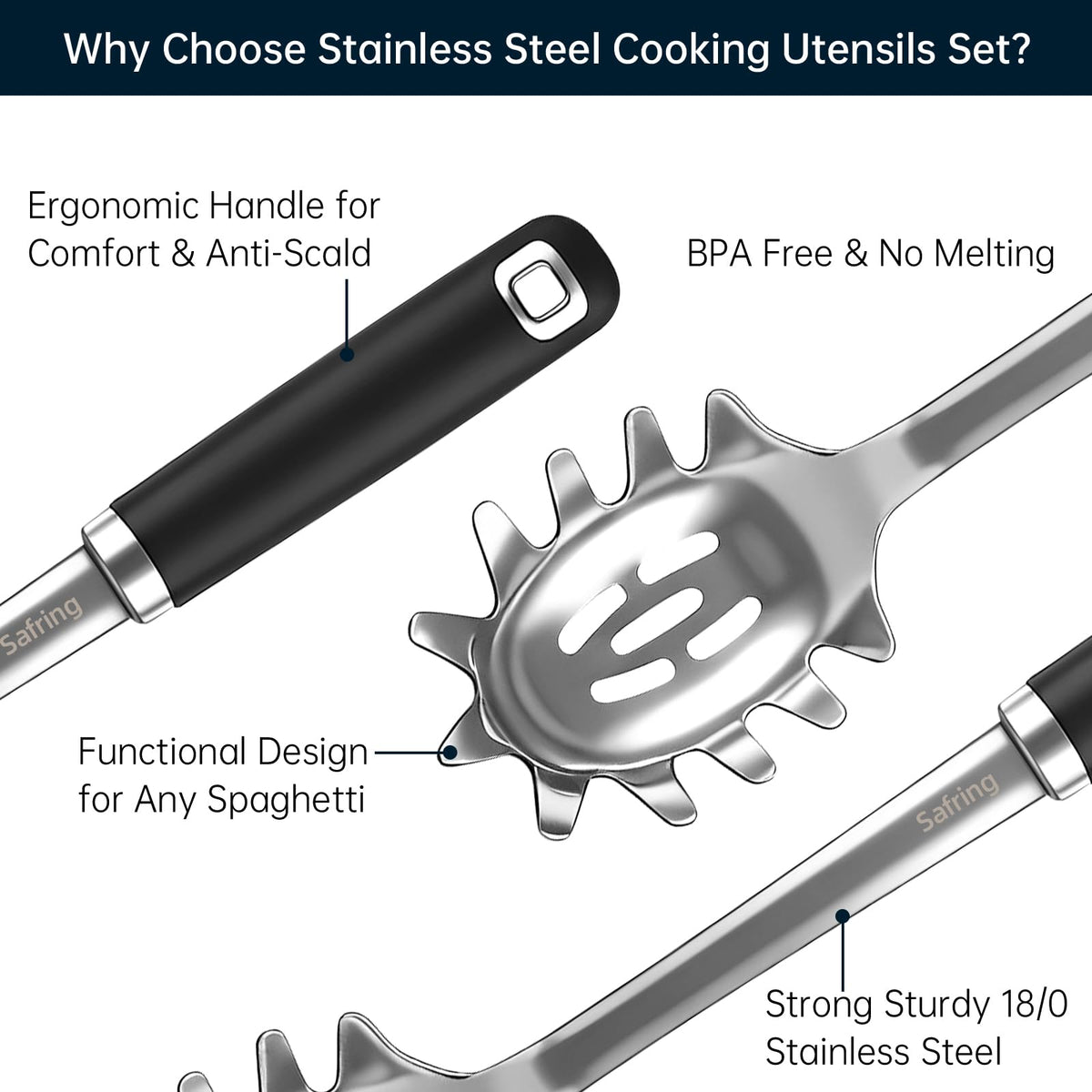 Safring Stainless Steel Soup Ladle and Spaghetti Spoon Set, Heat Resistant Rubber Handle, Dishwasher Safe, Kitchen Utensils for Cooking, Stirring, Serving Pasta, Soup & Sauce