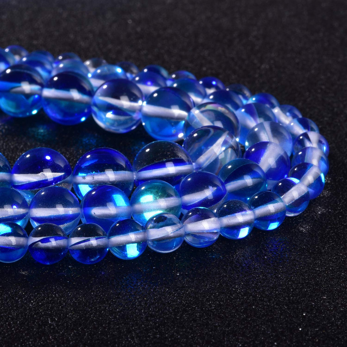 Asingeloo 48PCS 8mm Blue Angel Aura Round Gemstones Polished Mermaid Aura Moonstone Bead Smooth Stone Loose Beads Crystal Quartz for DIY Jewelry Making 1 Strand 15”