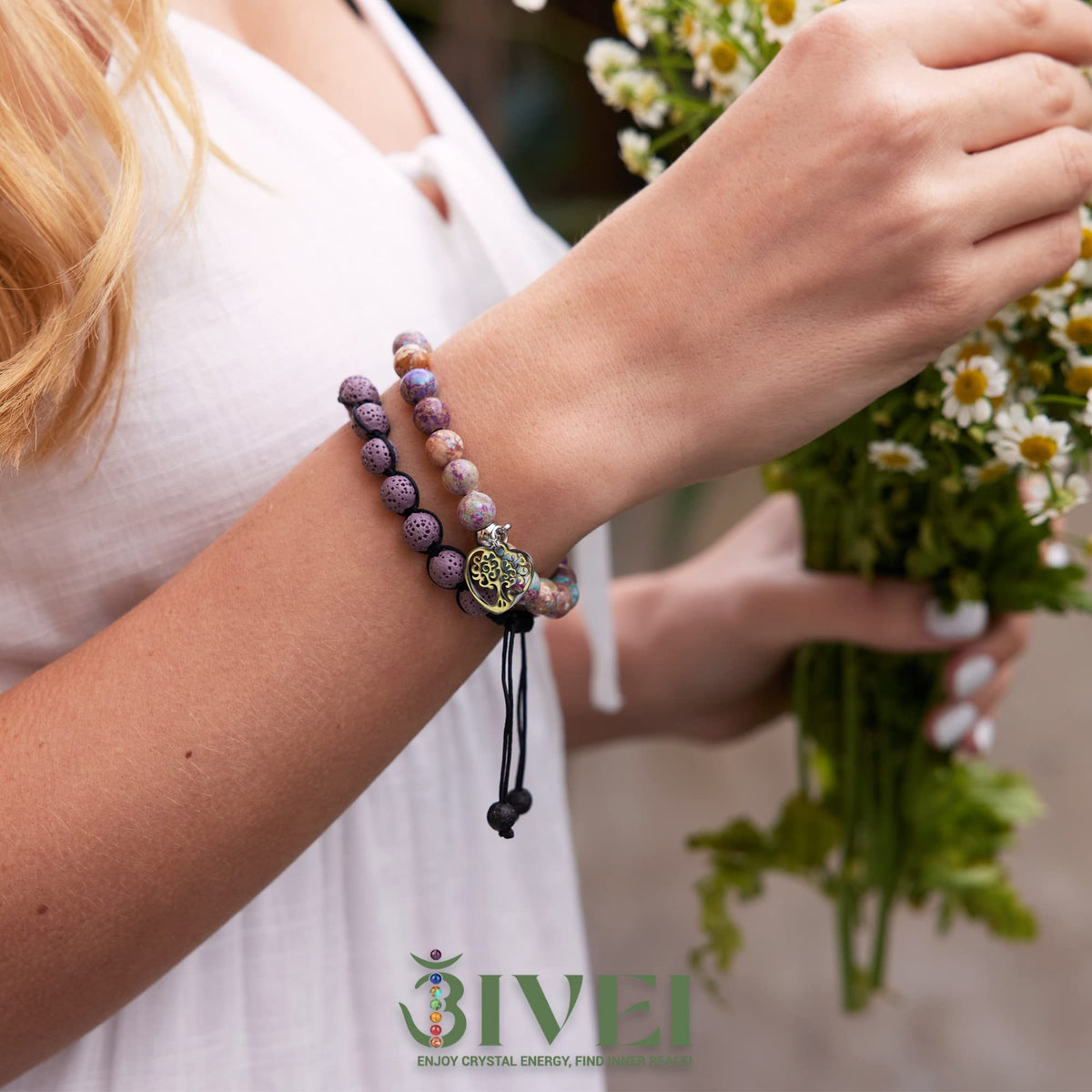 Bivei Life Tree Bracelet - Lava Stone Essential Oil Gemstone Beaded Yoga Meditation Regalite Stone Beach Charm Bracelet Set(Purple)