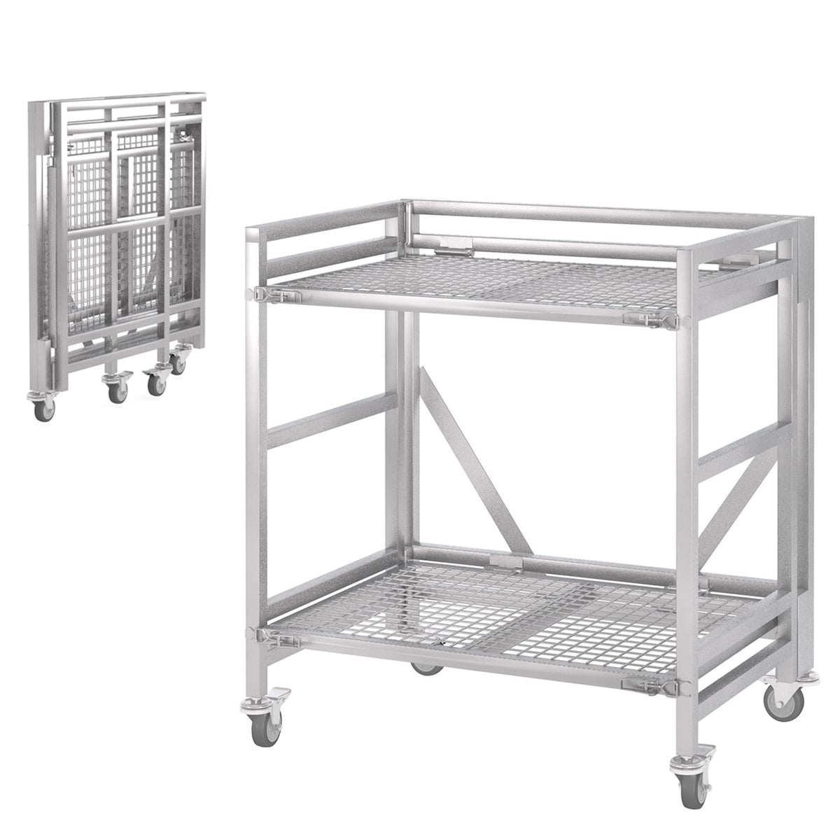 2 Shelf Rolling Cart with Wheels, 660lbs Capacity Collapsible Steel Rolling Utility Cart, Heavy-Duty Foldable Hand Truck, Metal Storage Carts with Handle for Groceries, Warehouse (36" Lx26 W)