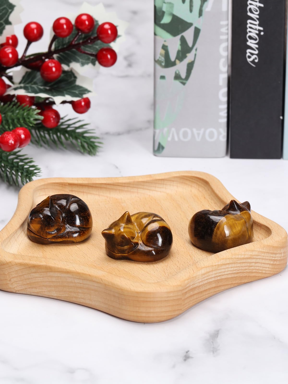 Jovivi Tiger Eye Sleeping Cat Crystal Figurine,1.6" Natural Stone Polished Carved Gemstones Lucky Kitten Statue Sculpture Home Office Desk Decor Cat Gifts for Women Cat Lovers
