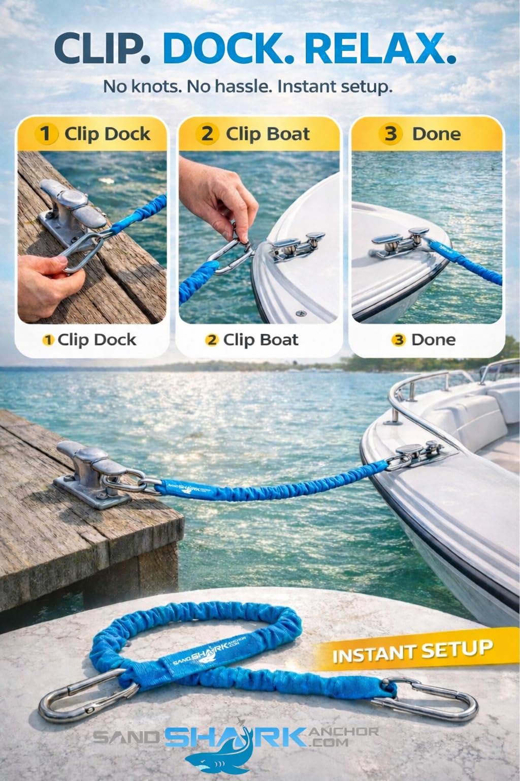 SandShark Premium Flat Bungee Dock Line – Stretches 4-7 FT - Boat & Jet Ski Dock Lines with Stainless Steel Carabiners – Shock Absorbing Mooring Rope for PWC, Boats & Pontoons. Blue