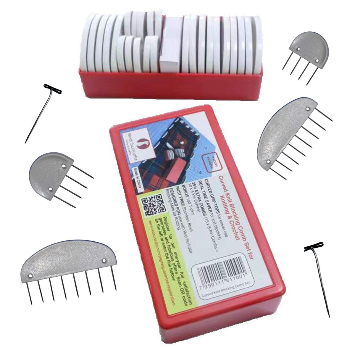 Red Suricata Knit Blocking Bundle – Extra Thick Blocking Mats for Knitting & Curved Knit Blocking Comb Set & Adjustable Sock Blockers - All in one Combined Storage Bag (Inches Grid)