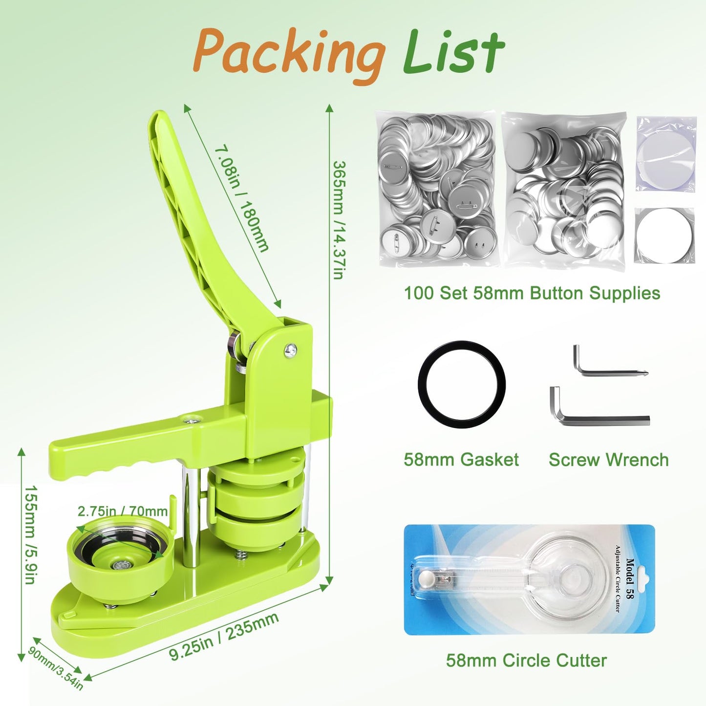 Yunziling 58mm(2.25IN) Button Maker Kit: Pin Maker Machine Kit with 100-Set DIY Supplies, Hand-Operated Button Maker for Custom Pins, Badges, Souvenirs – Perfect for Gifts, Teaching, Hobby Crafting