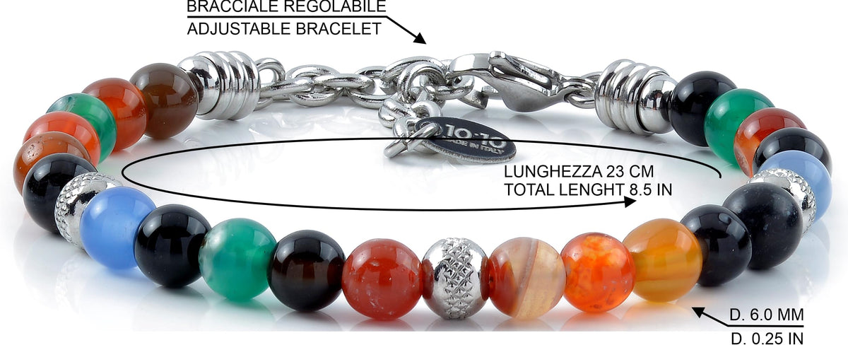 10:10 Beaded Bracelet for Men and Women – Natural Agate Multicolor Gemstones and Stainless Steel – Adjustable & Durable & Elegant – Made in Italy