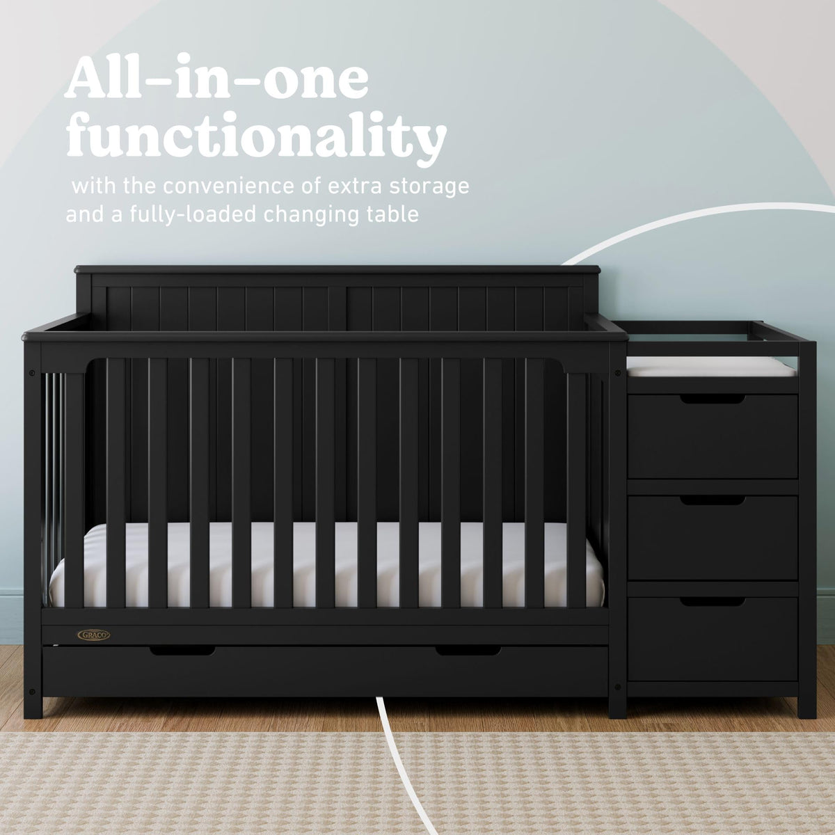 Graco Hadley 5-in-1 Convertible Crib & Changer – GREENGUARD Gold Certified, Fits Standard Crib Mattress, Converts to Toddler Bed and Full Bed, 4 Adjustable Mattress Heights (Black)