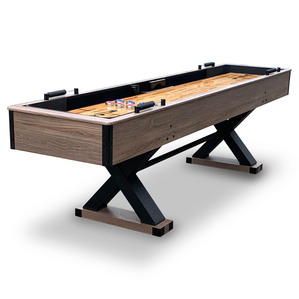 Hathaway Excalibur 9-Ft Shuffleboard Table for Great for Family Recreation Game Rooms, Designed with a Rustic Driftwood Finish with Built-In Leg Levelers, Includes 8 Pucks, Table Brush and Wax