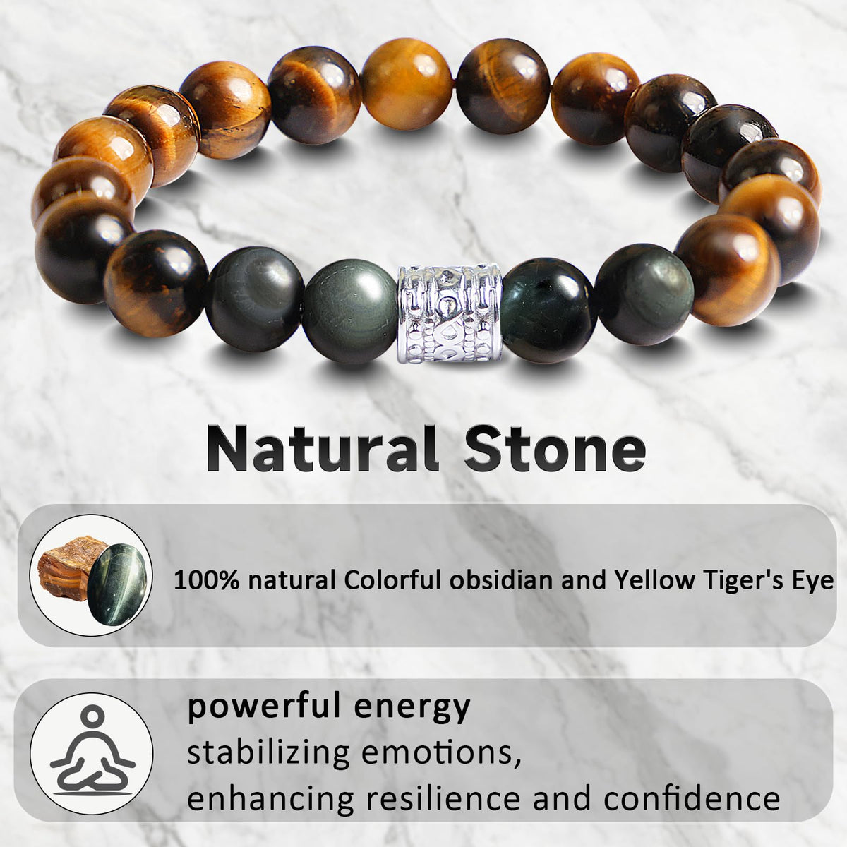 Tiger Eye Obsidian Beaded Bracelets For Men Gemstone Bracelets For Men &Women Fashion Natural Stone Men‘s Jewelry (colourful black&yellow)