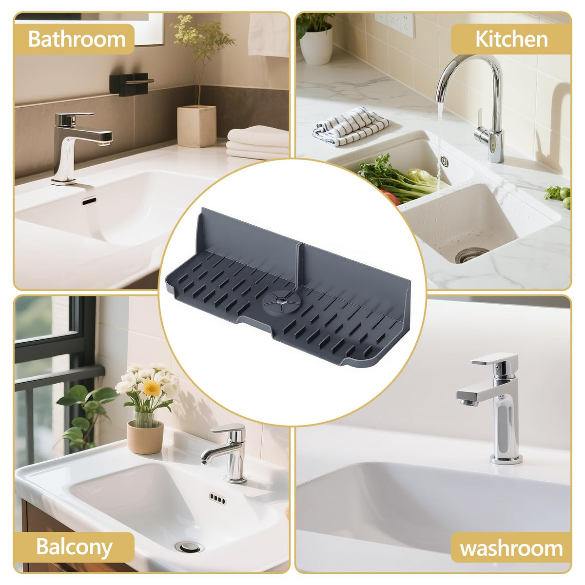 DAECHAO Sink Splash Guard Behind Faucet, Silicone Sink Faucet Drying Mat & Dish Soap Sponge Holder, 17" x 5.5" Silicone Kitchen Sink Auto Drain Organizer (Grey)