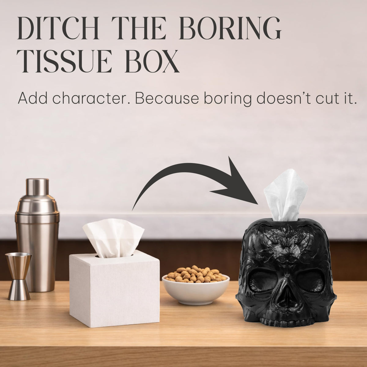 Death Decor Gothic Skull Tissue Box Cover – Heavyweight Square Tissue Holder – Won’t Move When Pulling a Tissue – Black Home & Bathroom Décor – Home Gift for Women & Men, Goth, Horror
