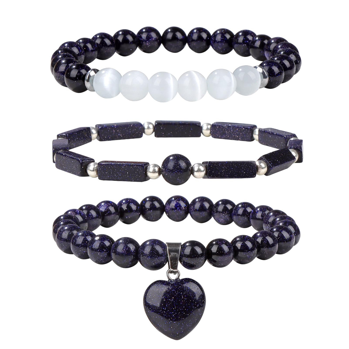 Vinswet Healing Crystal Beaded Bracelets for Women,Natural Blue Sandstone Moonstone Gemstones Bracelet,Anxiety Stress Relief Heart Charm Bracelet Handmade Blue Jewelry Gifts for Women (3pcs)