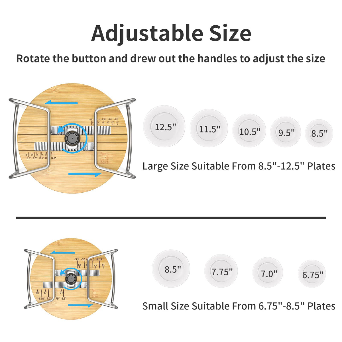Adjustable Dish Rack for Kitchen Counter - Bamboo Plate Holder Organizer for Cabinet Wooden Bowl Organizer Stainless Steel Plate Stand Storage for Kitchen Drawer Countertop Cupboard Shelf RV