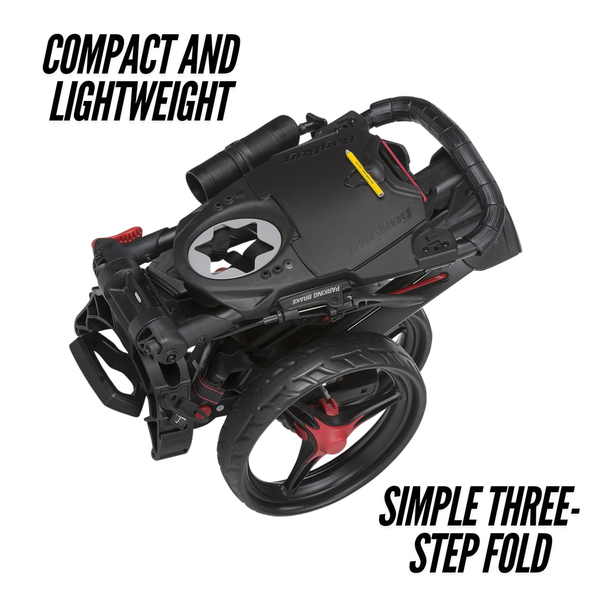 Bag Boy Compact 3 Golf Push Cart, Easy Three-Step Open & Close, Scorecard Console, Beverage Holder, Mobile Device Holder, Handle Mounted Parking Brake