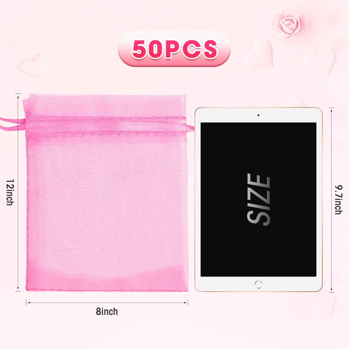 ANZNKU 8x12 in 50 Pack Pink Organza Bags, Small Gift Bags Bulk for Wedding Baby Shower Birthday Candy Party Favors, Large Sheer Mesh Goodie Bags Drawstring for Jewelry Craft Sachet & Gifts Wrap