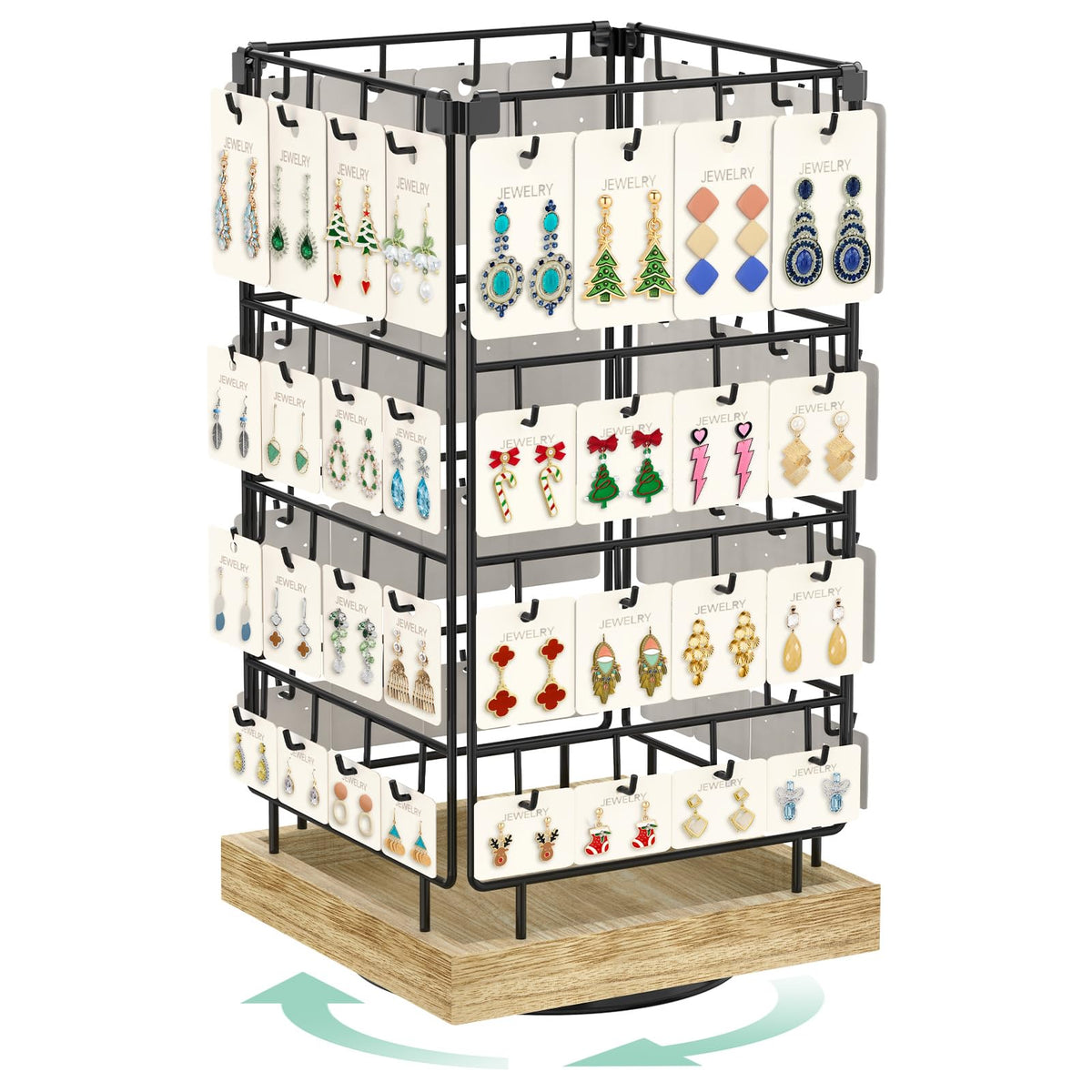 EsLuker.ly Rotating Earring Display Holder Stand for Vendors Events Selling, Large Capacity 64 Hooks Jewelry Rack with Wooden Base for Earring Card Sales, Enhances Retail Display Visibility