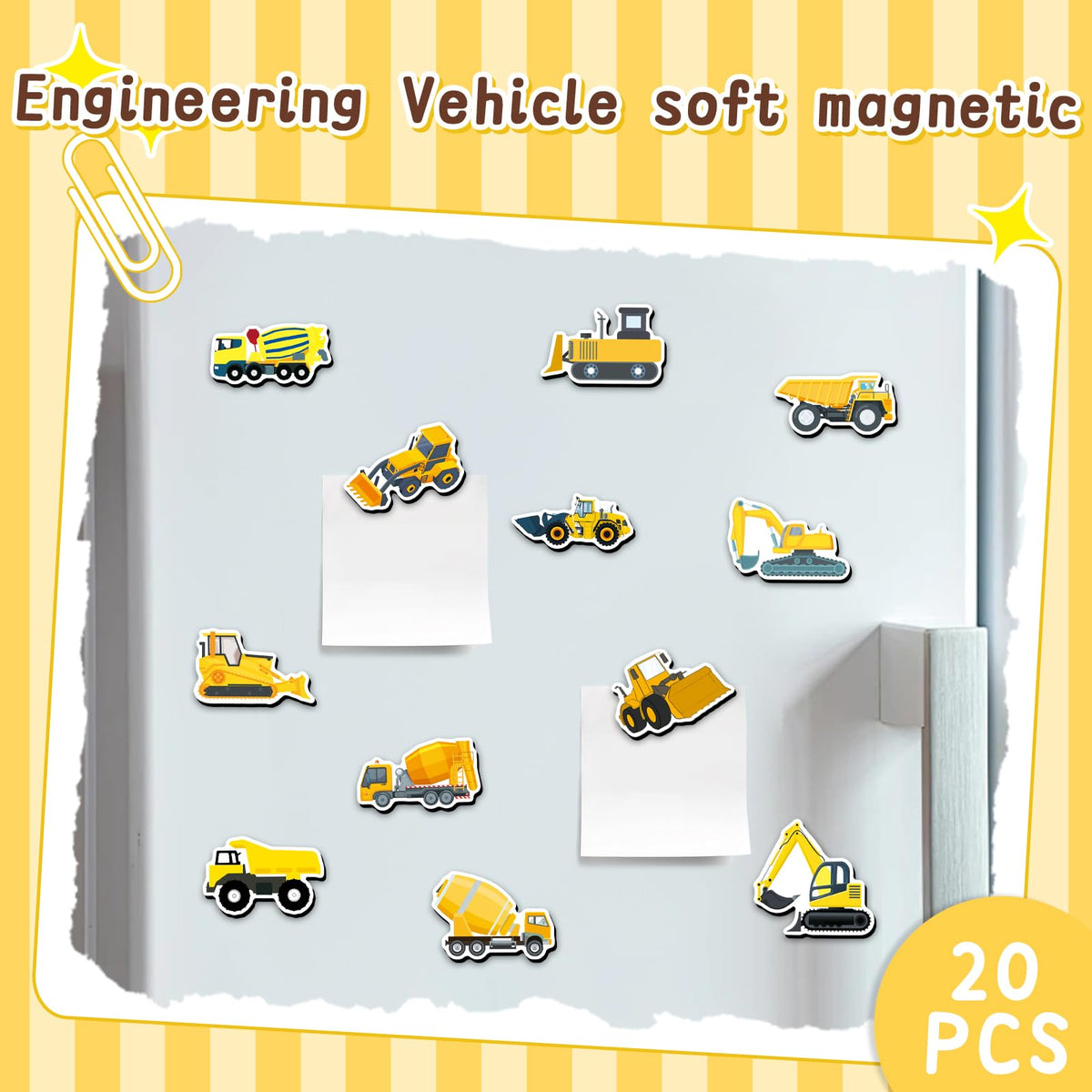 20 Pcs Cartoon Construction Vehicle Refrigerator Magnets, Thickened Cardstock Soft Magnet Construction Truck Magnets for Fridge Magnetic Board, Vehicle-Themed Gift Magnets(Engineering Vehicle)