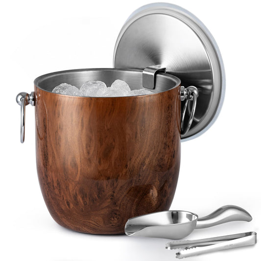 Golden Cudgel Insulated Ice Bucket, 3L Double Wall Stainless Steel Ice Bucket with Tongs,Lid, Scoop and Strainer, Ice Buckets for Parties,Cocktail Bars, Chilling Beer, Champagne, Wine Bottles,Wood