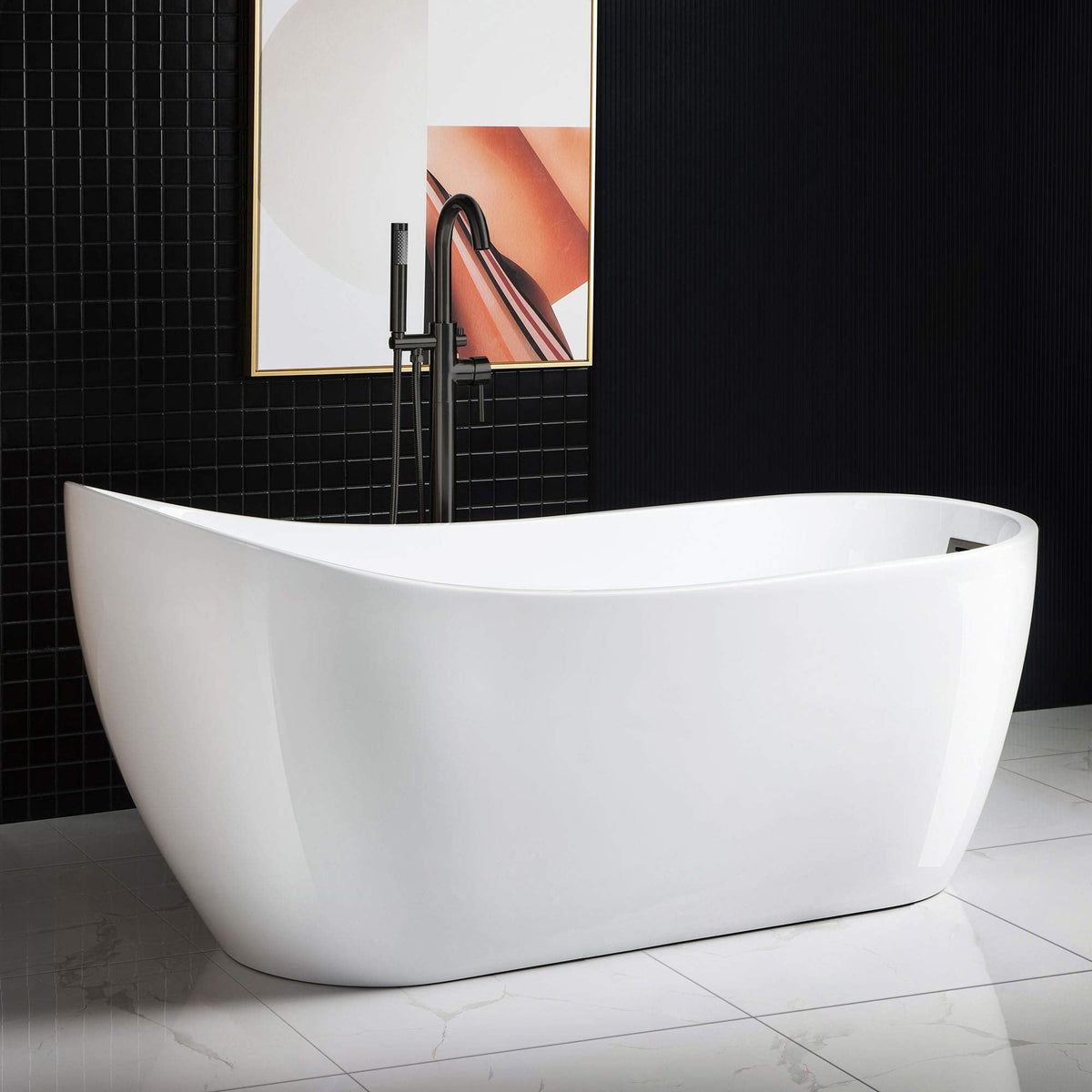 WOODBRIDGE 67" Acrylic Freestanding Bathtub Contemporary Soaking White Tub with Matte Black Overflow and Drain，B0001 -MB-Drain &O