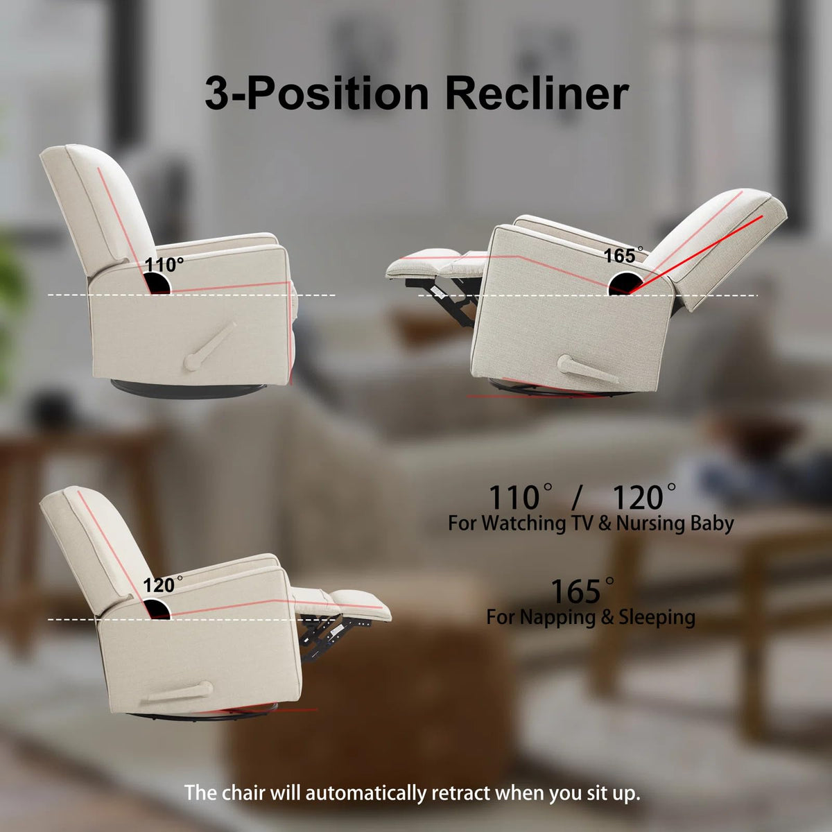 Harkawon Swivel Rocker Recliner Chair, Glider Rocker Recliner, Rocking Chair Nursery, Fabric Chair with High Back, Deep Seat, for Living Room, Bedroom, Beige