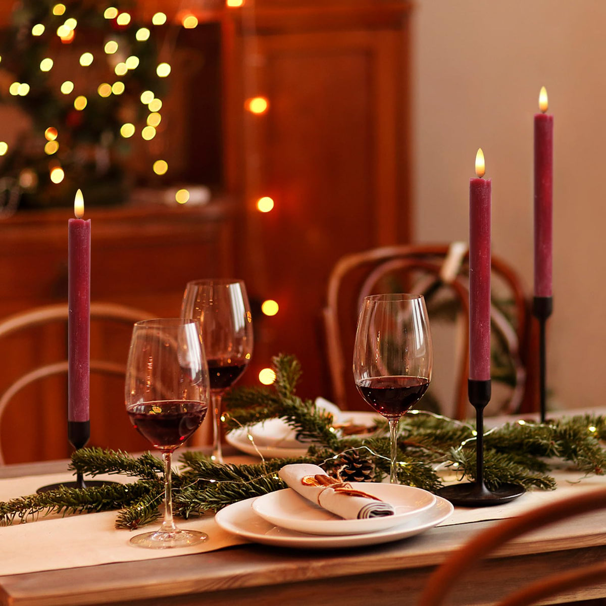 Wondise Flameless Taper Candles with Timer, 2 Pack Battery Operated Flameless Flickering Candles Real Wax Burgundy LED Candle for Christmas Wedding Dinner Decorations
