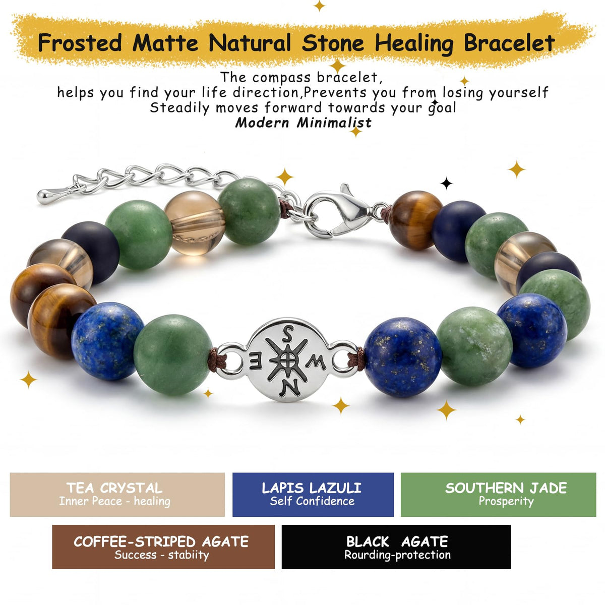 Graduation Bracelet Set 2026 for Him & Her, Natural stone Beaded Bracelet with 7 Chakra Stones or Matte Style, Compass Keychain, Card & Gift Box for High School College Grad (Minimalist Matte)