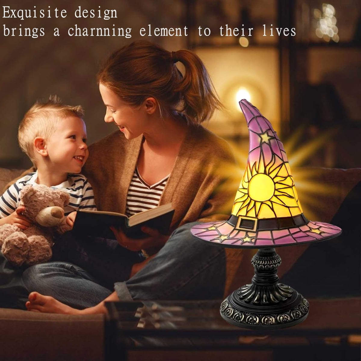 Loisdaro Witch Hat Lamps - Handcrafted Stained Gothic Wizard Hat Lights for Decor,Light with Glow-in-The-Dark Figurine for Bedroom， Mystical Bedroom Ambiance & Wiccan Gifts