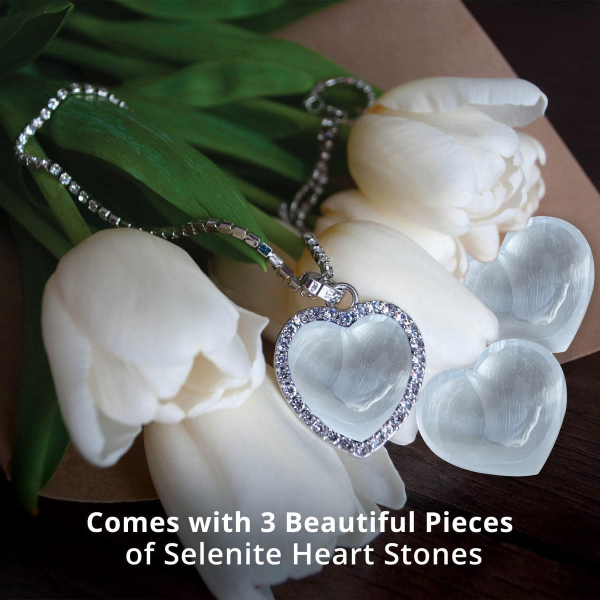 Himalayan Glow Selenite Crystal Heart Stone, Healing & Calming Effects-High Energy Selenita/Satin Spar Love, Used for Cleansing-3 Pack