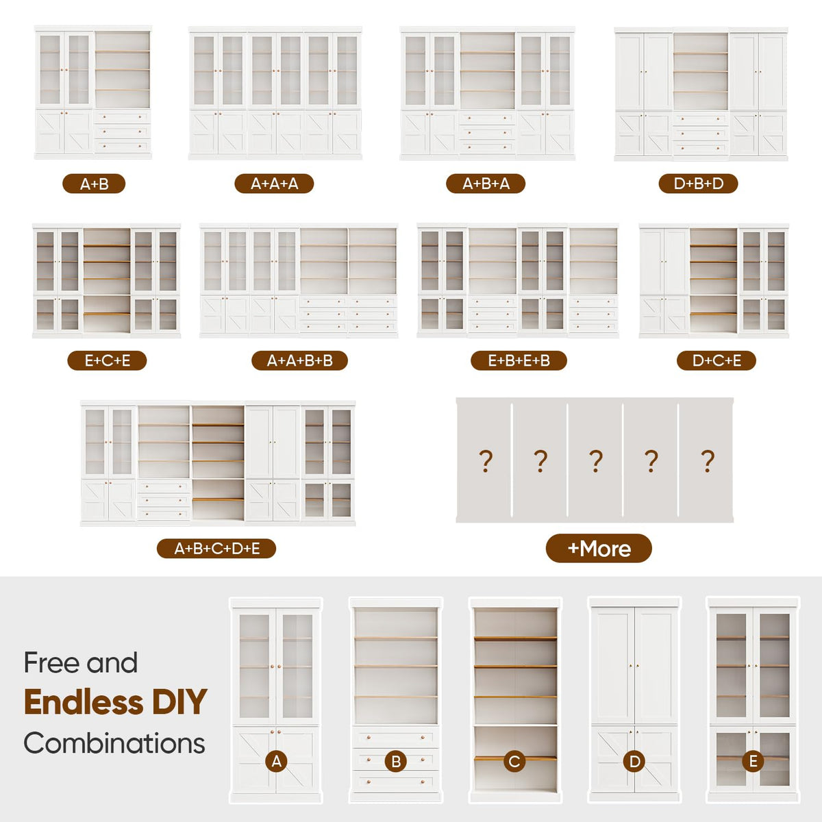 ivaniti 70.8" Bookshelf with Glass Doors, Farmhouse Modular Bookcase with 6-Tier Adjustable Shelves, Large Storage Cabinet for Living Room & Home Office, Set of 3, White