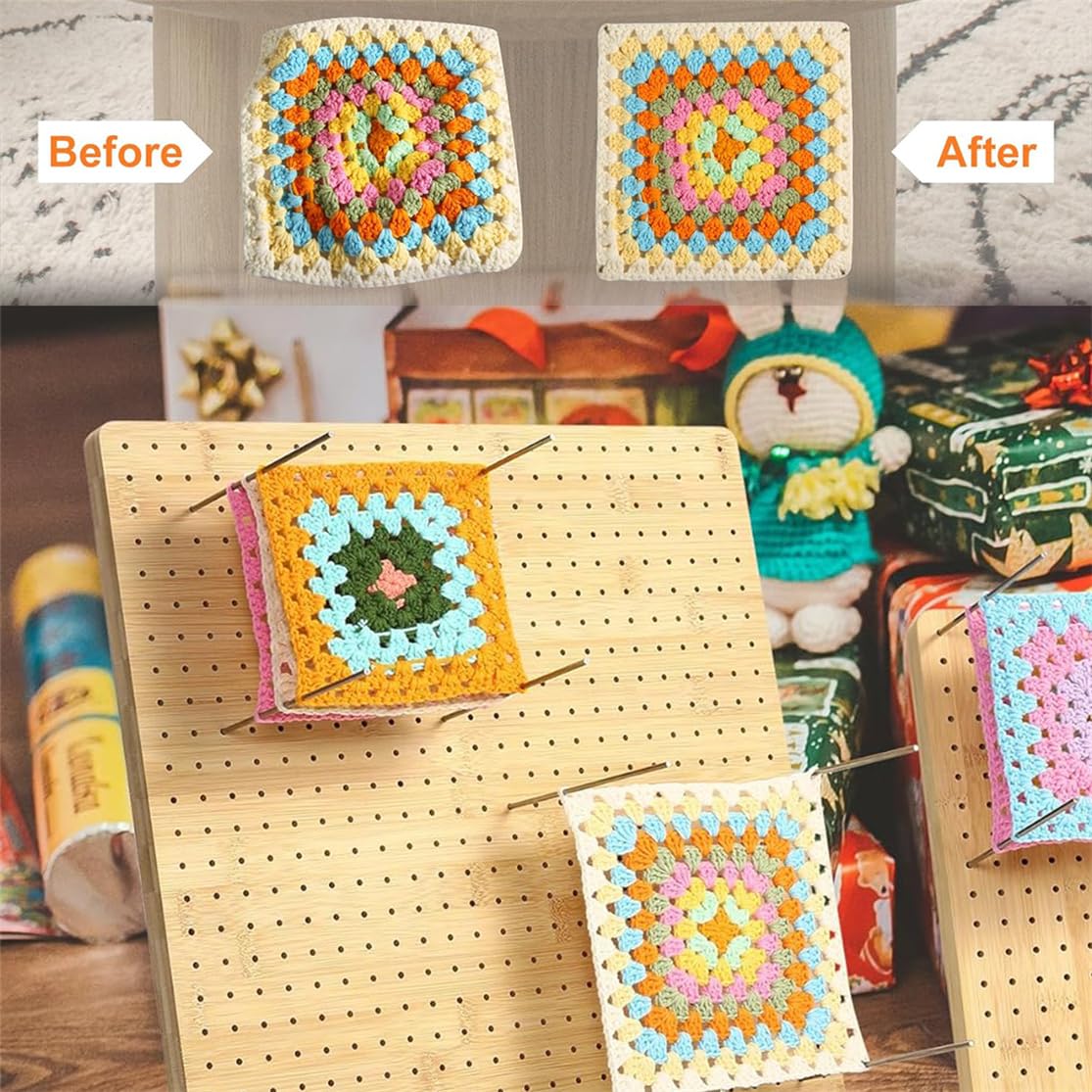 Crochet Blocking Board Handcrafted Knitting Blocking Mat with 20 Stainless Steel Rod Pins Bamboo Crocheting Accessories for Granny Squares Crocheters 7.87 Inches