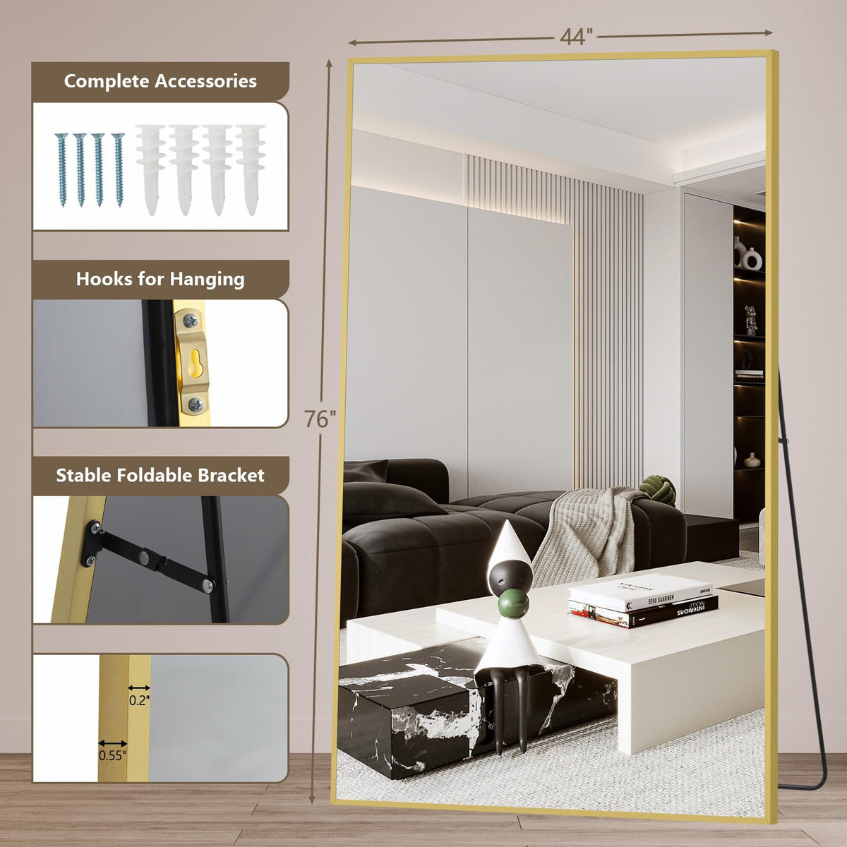 Mirrorons 76"x44" Oversized Full Length Mirror, Floor Standing or Wall Mounted with Hanging Kit, Shatterproof Tempered Glass Mirror for Living Room, Bedroom, Dressing Room, Gym (Gold)