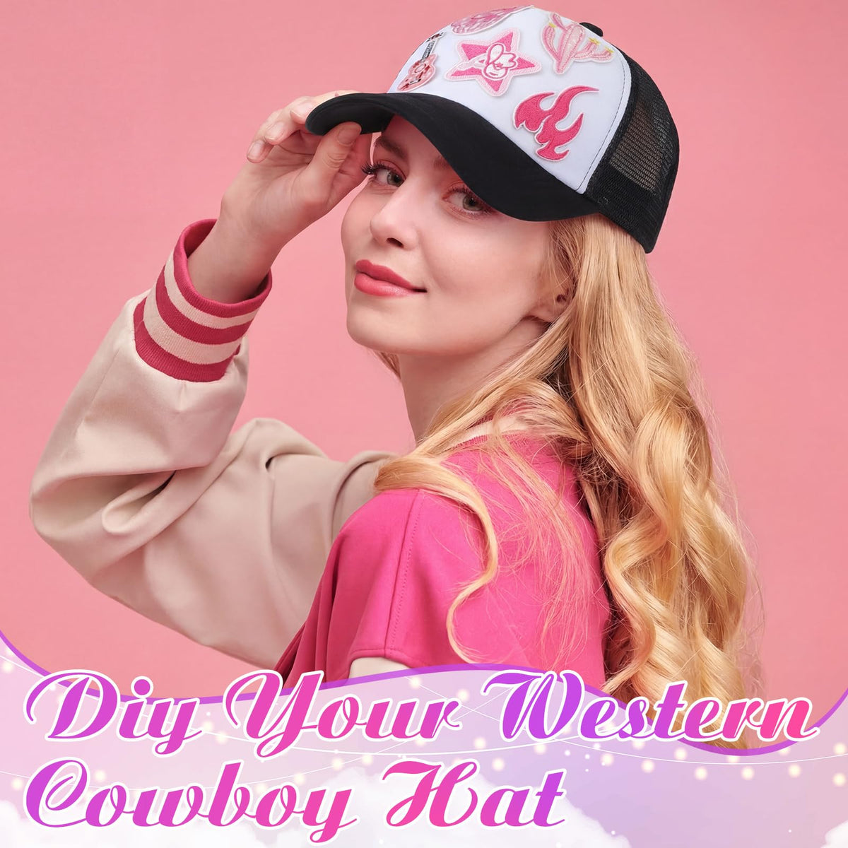 Hercicy 35PCS Western Cowgirl Trucker Hats DIY Kits, Sublimation Blank Baseball Caps Trucker Hat with Western Iron On Patches Pink Cowgirl Embroidered Patches for Bridal Shower Birthday Party