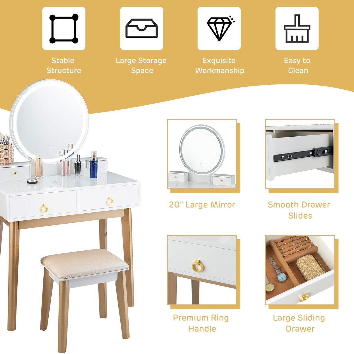 Nightcore Vanity Set, Makeup Vanity w/Round Lighted Mirror, Vanity Desk w/Cushioned Stool, 4 Drawers Modern Home Dressing Table for Girls & Women, White