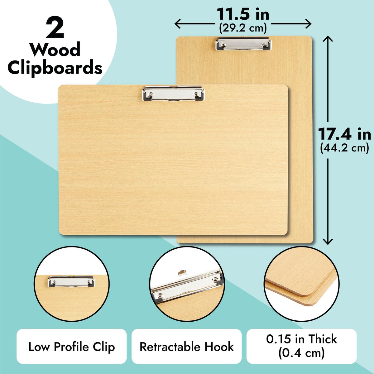 Paper Junkie Extra-Large Legal-Size Wooden Clipboard - Clipboard, Retractable Hook - Surface for Drawing Wooden Board - Multi-Orientation Legal Paper Support - 2-Pack,11.5 x 17.4 in