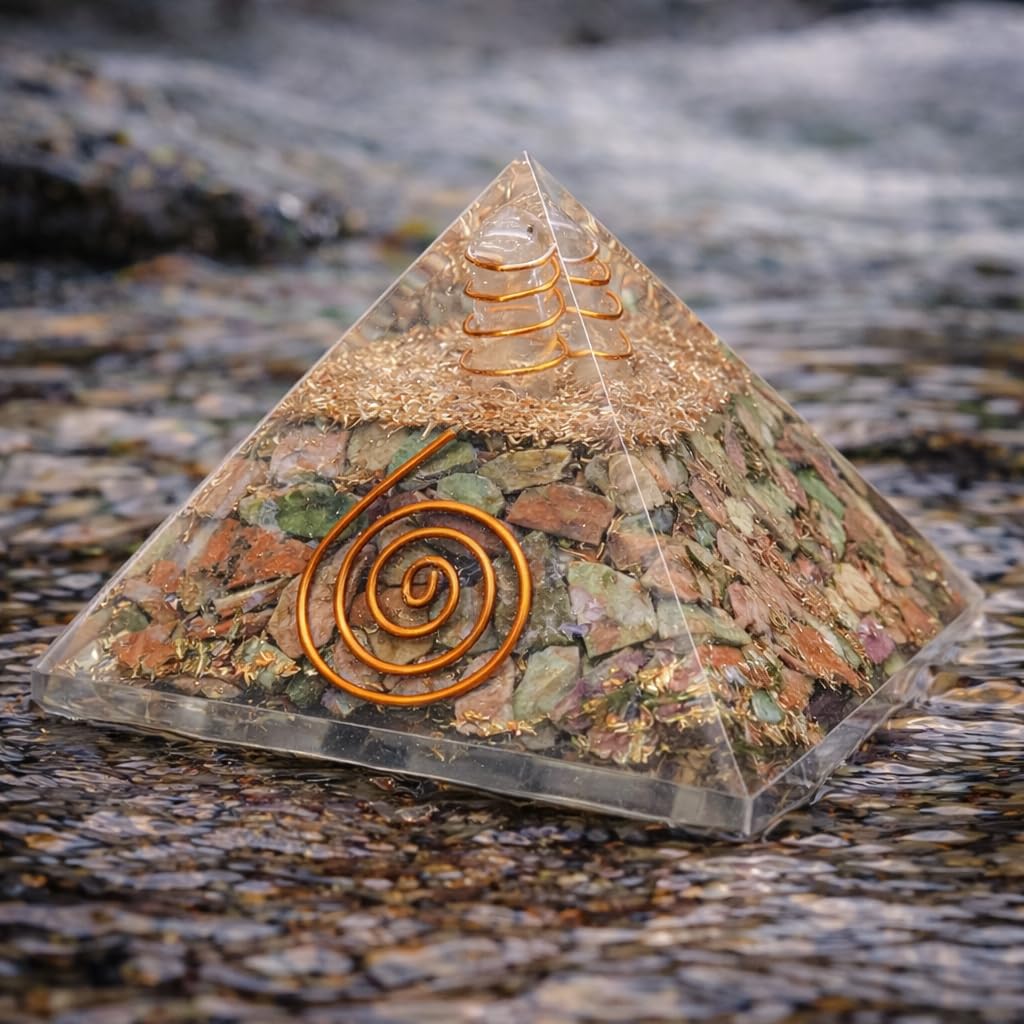 Crocon® Unakite Orgone Pyramid Healing Crystals Stone Orgonite Gemstone Pyramid Stones Reiki Crystal Good Luck Charms Meditation Chakra Organite Home Decor Spiritual Gifts Size 2.5 Inch App.