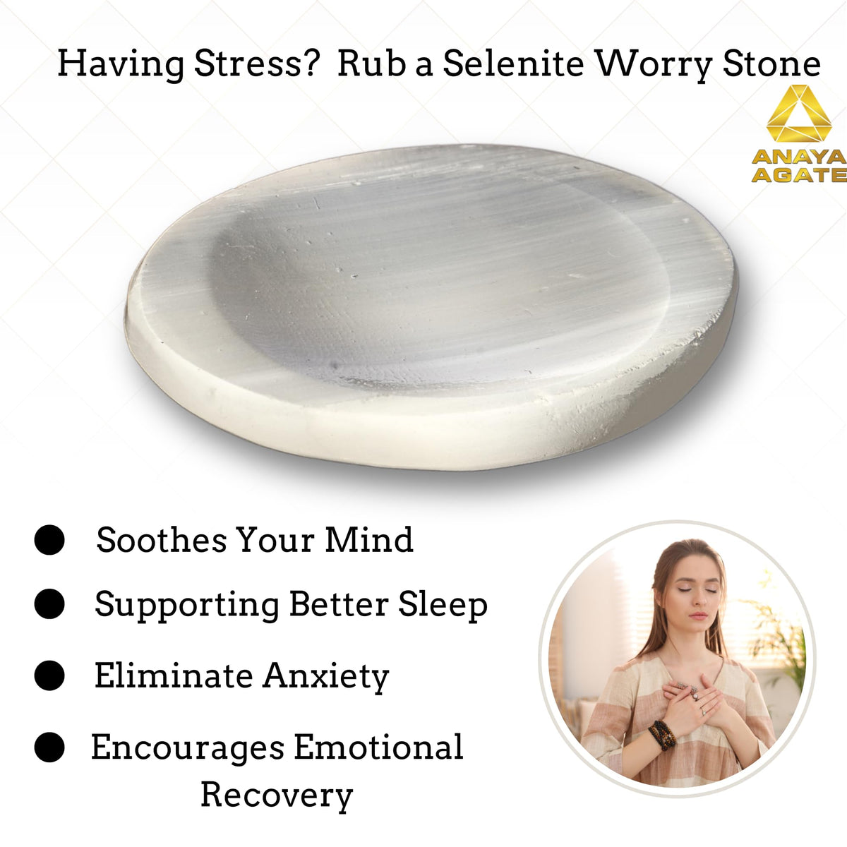 Anaya Agate Selenite Worry Stones Certified Crystal Thumb Worry Stone for Anguish, Relaxing and Soothing Balance Stones for Meditation, Stress Relief Crystals and Healing Stones for Men, Women